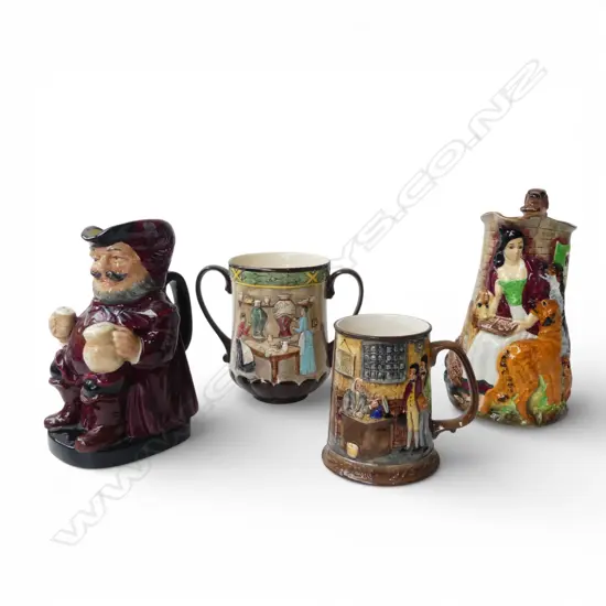 4 PCES CHINA; R. DOULTON LOVING CUP, FALSTAFF JUG, BESWICK MUG, BURLEIGH WARE 'OLD FEEDING TIME' JUG H.250mm
