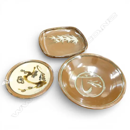 3 STUDIO POTTERY DISHES 360mm dia