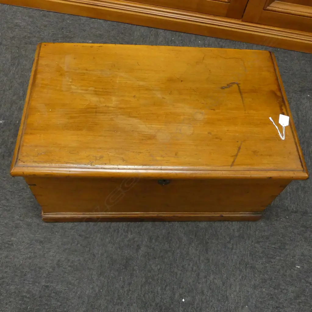 A NZ COLONIAL KAURI HINGED LIDDED STORAGE TRUNK OF COTTAGE PROPORTIONS BRASS SIDE HANDLES W. 680mm Depth 410mm H.340mm Image 1++