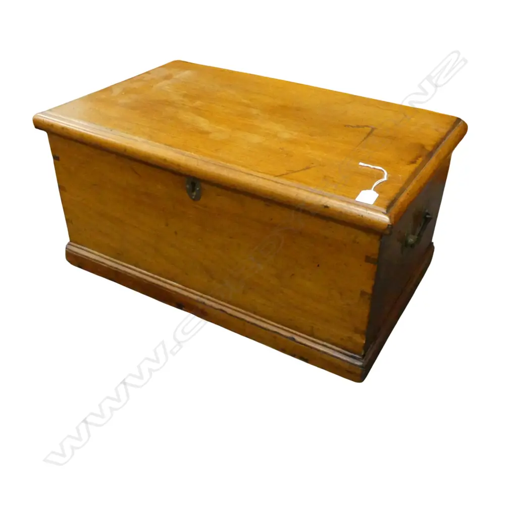 A NZ COLONIAL KAURI HINGED LIDDED STORAGE TRUNK OF COTTAGE PROPORTIONS BRASS SIDE HANDLES W. 680mm Depth 410mm H.340mm Image 1++