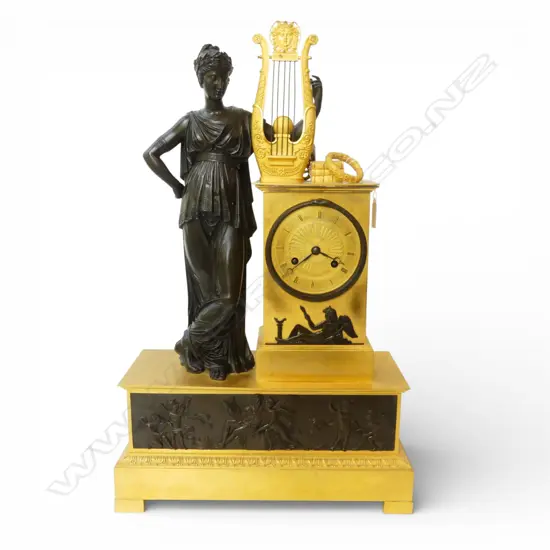 A GOOD 19thC FRENCH EMPIRE GILT &  BRONZE FIGURED MANTLE CLOCK H.580mm