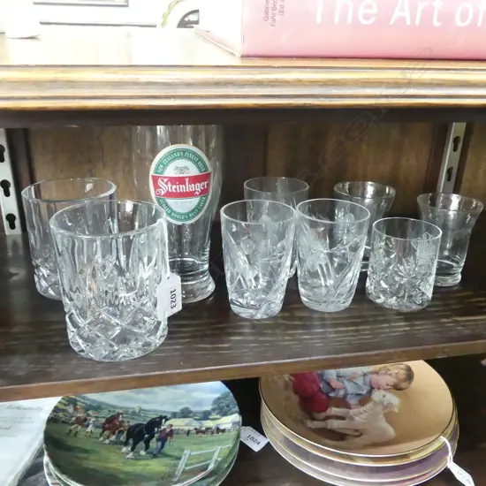 ASSORTED CUT CRYSTAL AND ETCHED GLASS DRINKING GLASSES (9 TOTAL)