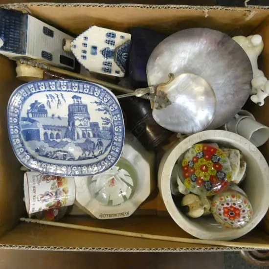 ASST. CERAMICS; 2 KLM DELFT HOUSES, 2 BESWICK POODLES (BLACK AF), PAPERWEIGHTS ETC