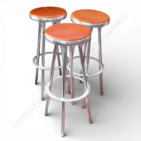 3 INDECASA SPAIN KITCHEN BAR STOOLS; ALUMINIUM LEGS, VARNISHED WOOD TOP H.800mm