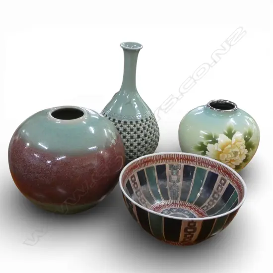 4 ORIENTAL CERAMICS; 3 VASES (1 AF H.305mm) & BOWL 260mm dia