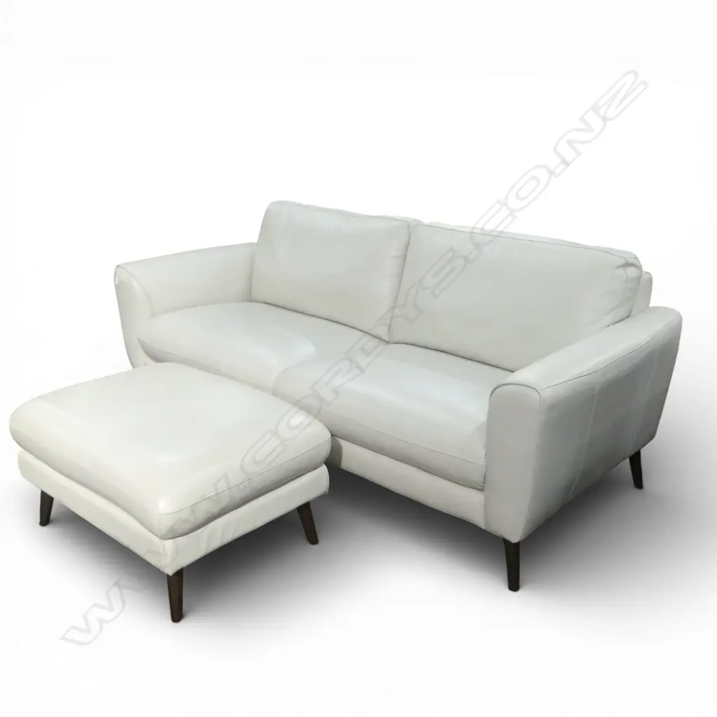 WHITE LEATHER SOFA & OTTOMAN 2000x950x800mm Image 1++