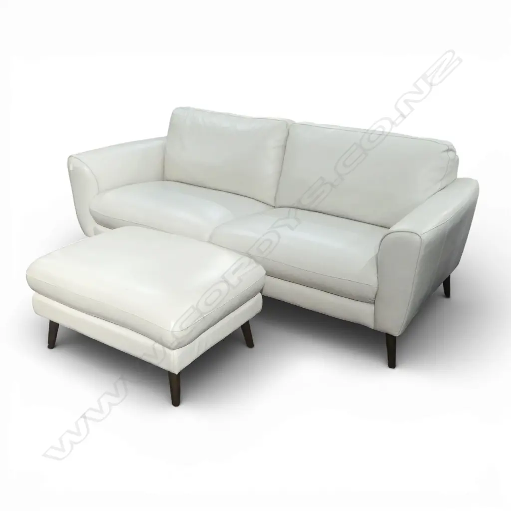 WHITE LEATHER SOFA & OTTOMAN 2000x950x800mm Image 1++