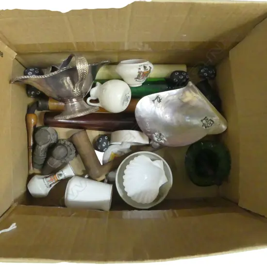 BOX OLD COLLECTABLES: pipes + crested china + glass beads+ mop shell dish etc