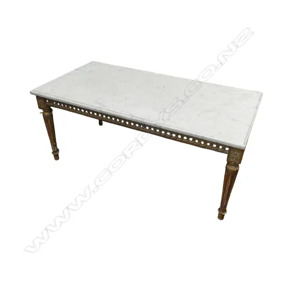 MARBLE TOPPED GILT WOOD COFFEE TABLE 1035x535x440mm