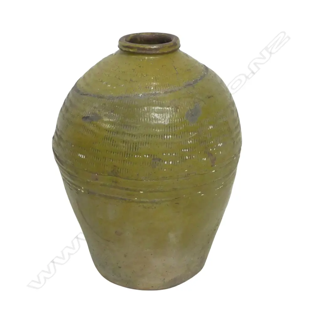 ANTIQUE CHINESE CERAMIC PICKLING JAR WITH OLIVE GREEN GLAZE AND FINE RIBBED TEXTURE H.480mm Image 1++