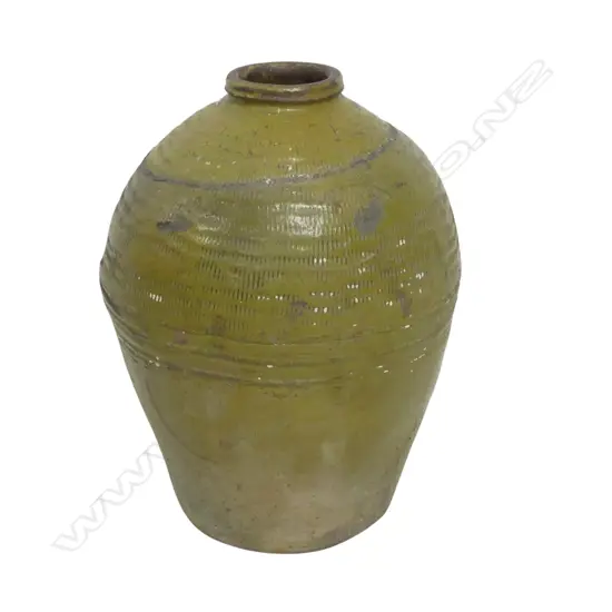 ANTIQUE CHINESE CERAMIC PICKLING JAR WITH OLIVE GREEN GLAZE AND FINE RIBBED TEXTURE H.480mm
