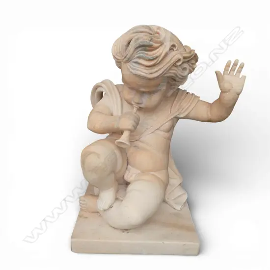 Large carved orange marble statue of a cherub with trumpet, finger damaged. H830mm