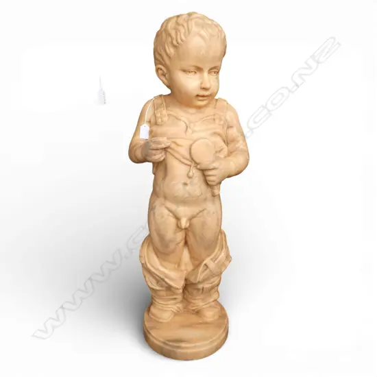 **RTV**  Carved orange marble sculpture boy with his pants down on circular base H870mm