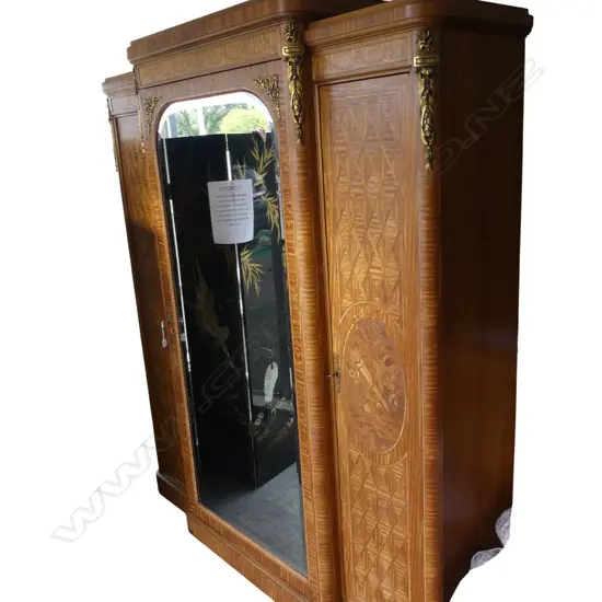 Modern Antique French style quality large inlaid walnut wardrobe with central mirror and inlay. 1840 x 560 x 2180mm