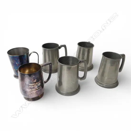 6 PEWTER & SILVER PLATE MUGS 