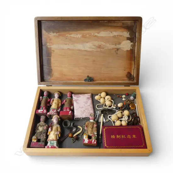 WOODEN BOX OF ORIENTAL ITEMS ETC W.450mm