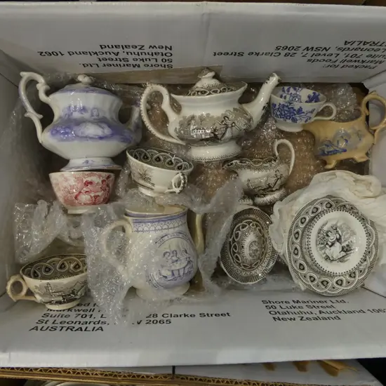 COLLECTION VICTORIAN CHINA: tea pots + jugs + cups & saucers etc colour printed some faults