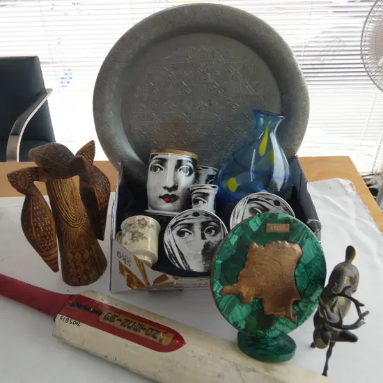 BLAZER, COPY FORNASETTI, SILVER METAL TRAY, CRICKET BAT ETC