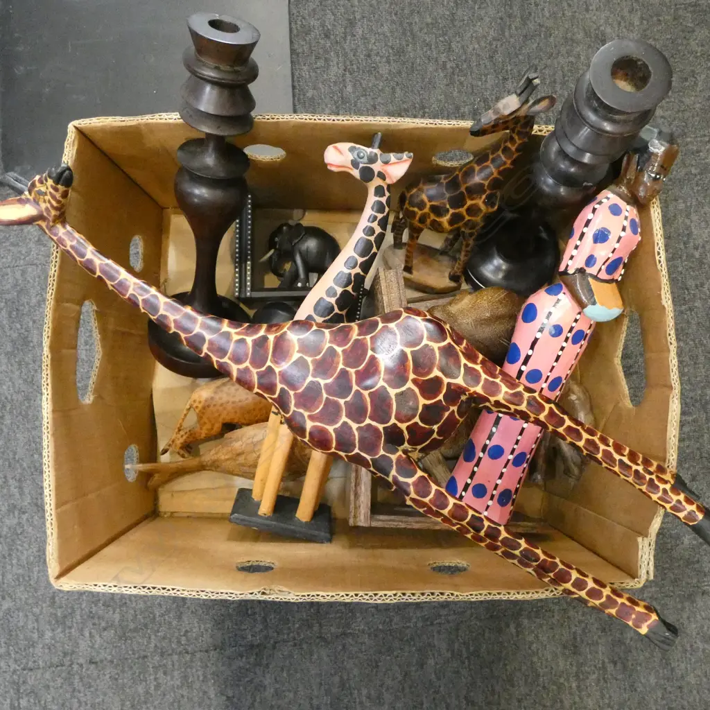 ASST. AFRICAN WOODEN OBJECTS; 2 PRS BOOKENDS, GIRAFFES ETC Image 1++