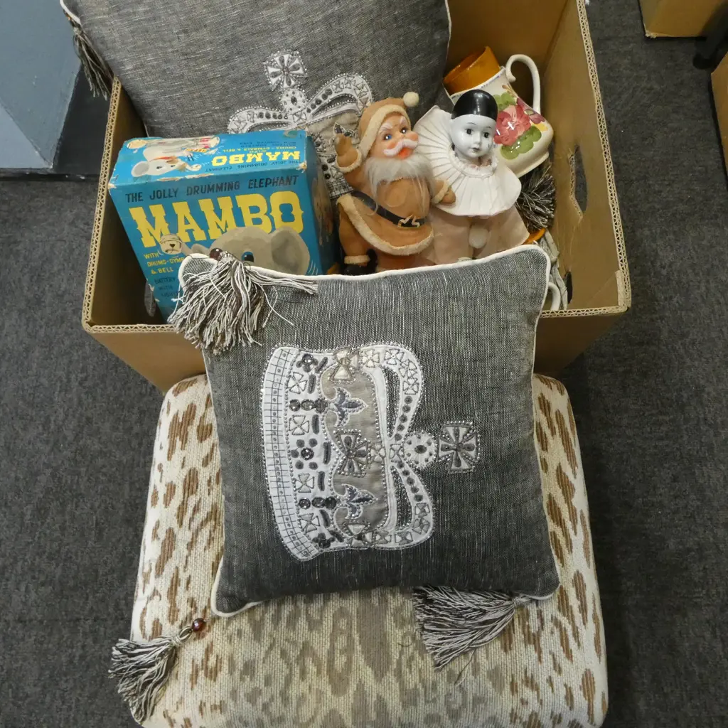 LEOPARD PRINT FOOT STOOL, SANTA, PIERROT,  MAMBO DRUMMING ELEPHANT TOY (BOXED), 2 CUSHIONS, 2 FLORAL JUGS Image 1++