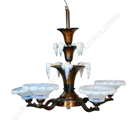 A 1920's copper and opalescent glass chandelier,
