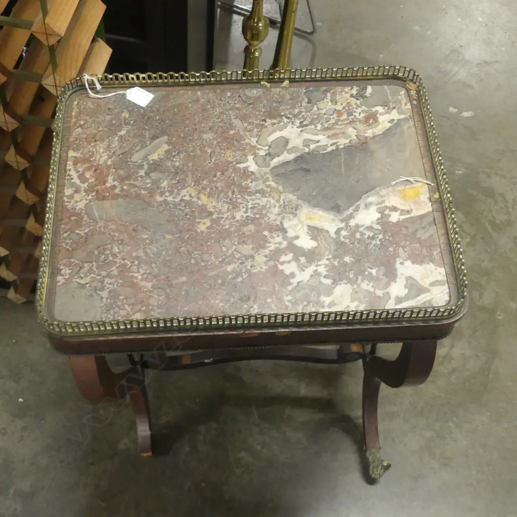 A VICTORIAN WASHSTAND WITH MARBLE TOP  BRASS GALLERY SURROUND AND LYRE ENDS 485 x 380 x 750mm foot missing, etc Image 1++