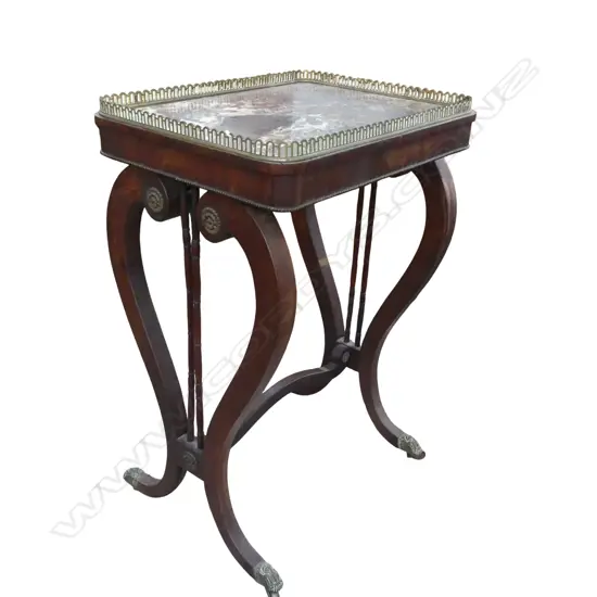 A VICTORIAN WASHSTAND WITH MARBLE TOP  BRASS GALLERY SURROUND AND LYRE ENDS 485 x 380 x 750mm  Requires minor attention