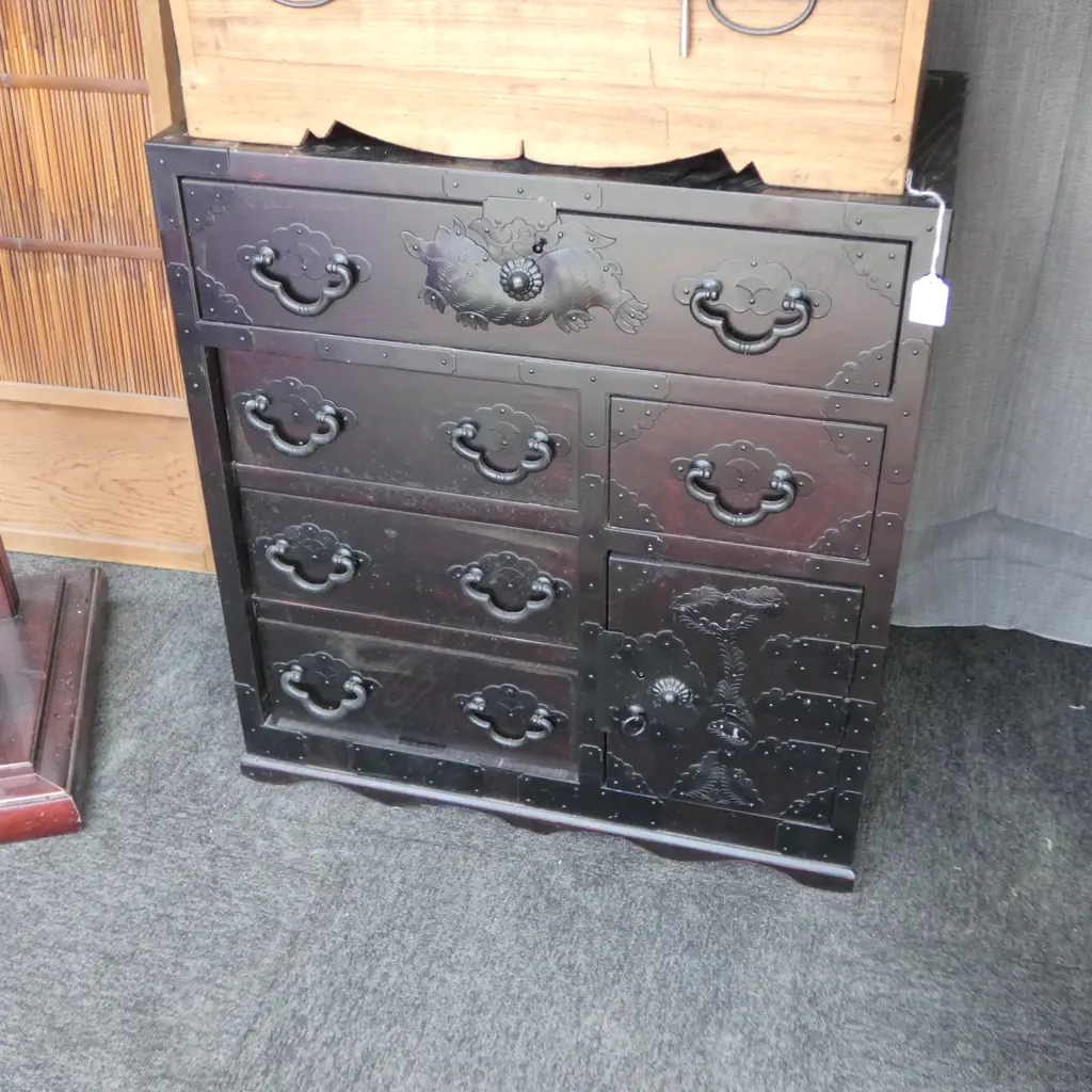 Vintage small Japanese collector's chest. Early 20thC Fancy metal fittings. Top marked H.670mm Image 1++
