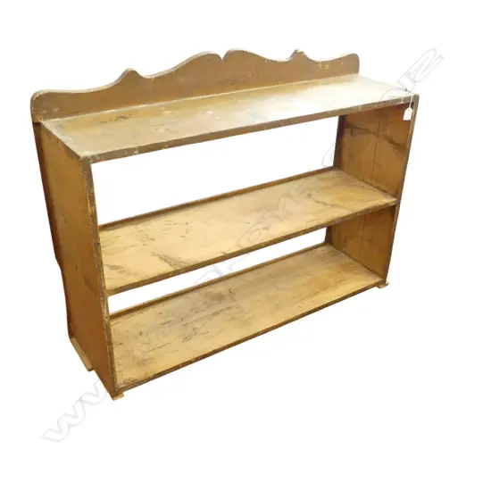 A 19THC EUROPEAN PINE BOOKCASE/SHELF UNIT WITH PART ORIGINAL PAINT FINISH SHAPED UPSTAND BACK 990 x 290 x 780mm