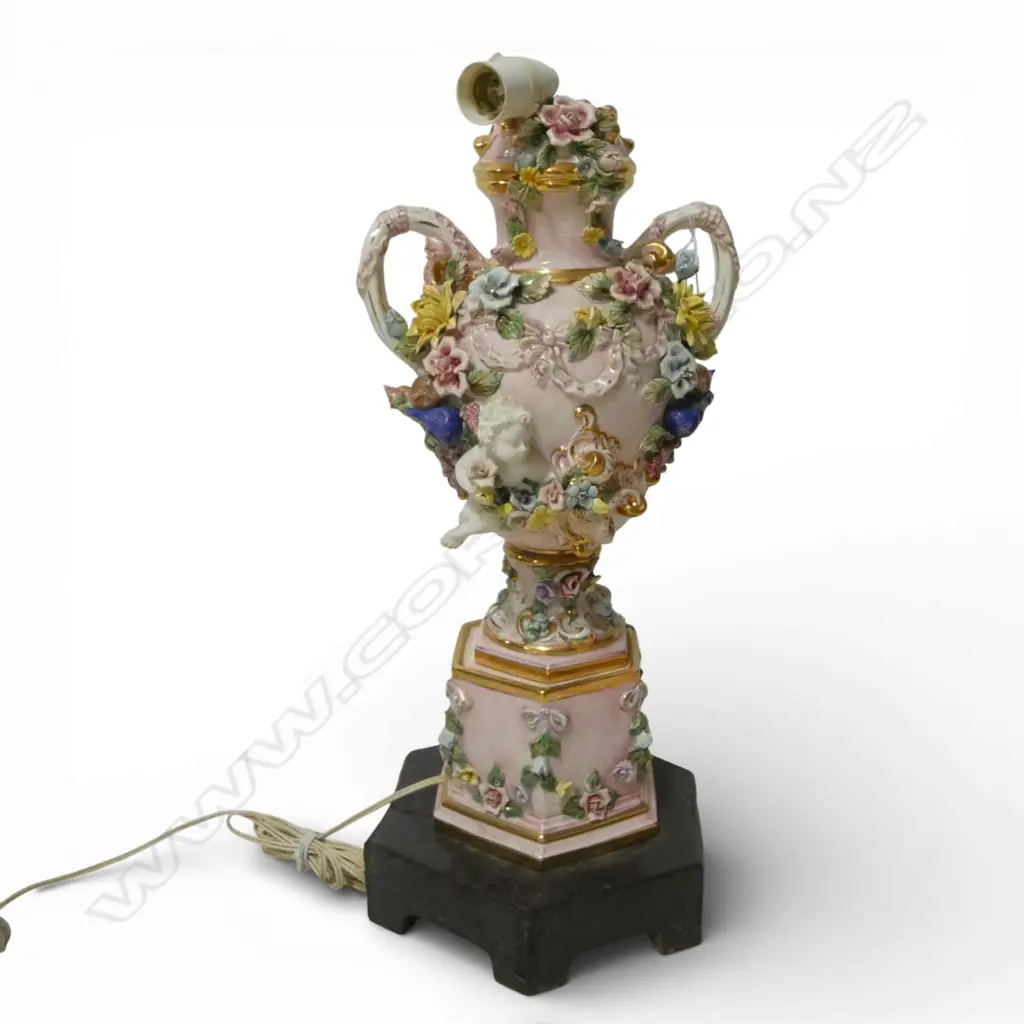 FANCY SOFT-PINK CERMAIC FLORAL-ENCRUSTED LAMP BASE, ON MARBLE STAND, WITH SHADE, H.600mm (lamp only) Image 1++