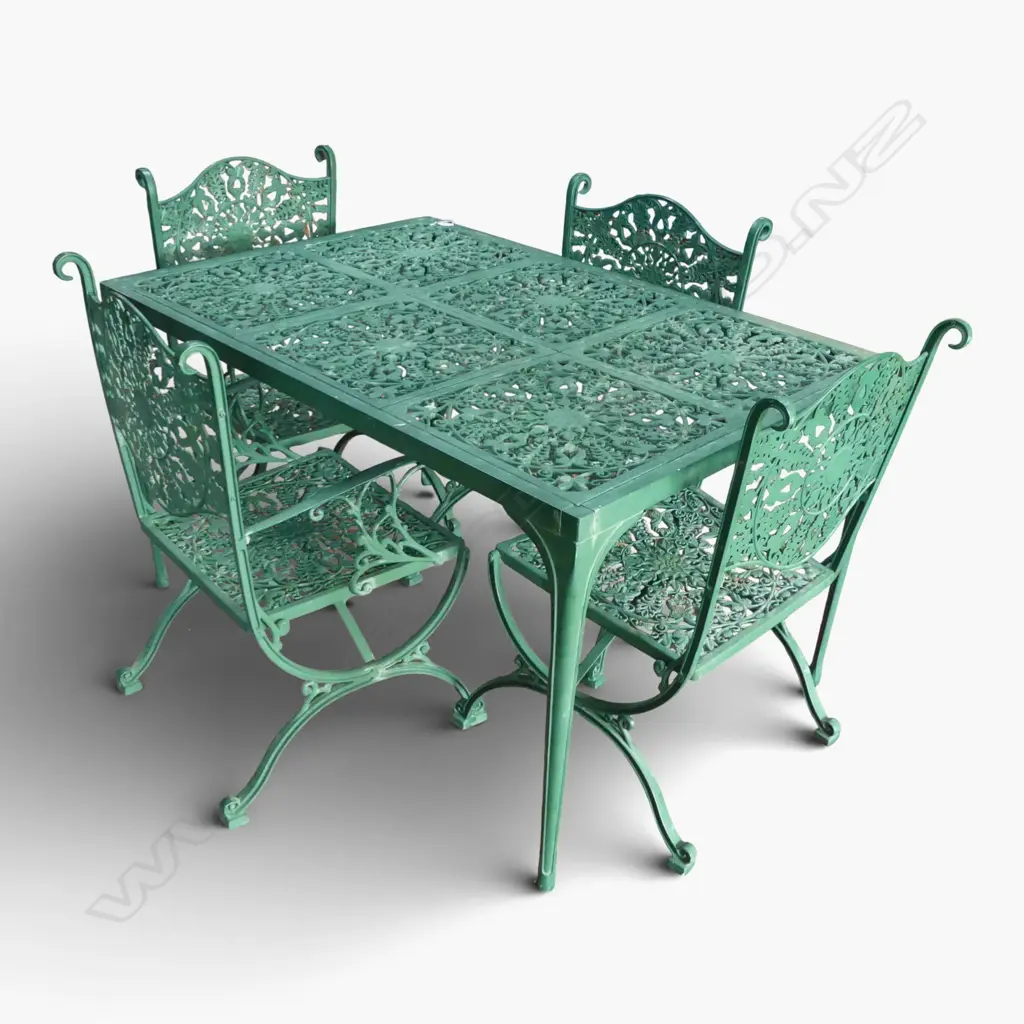 ENDERSLEY GREEN PAINTED CAST ALLUMINIUM OUTDOOR TABLE & 4 CHAIRS (2 arm chairs + 2 side chairs) Image 1++