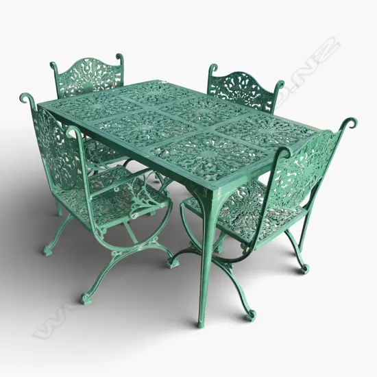 ENDERSLEY GREEN PAINTED CAST ALLUMINIUM OUTDOOR TABLE & 4 CHAIRS (2 arm chairs + 2 side chairs)