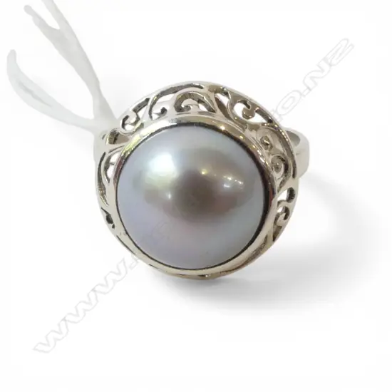 SILVER FILIGREE & PEARL RING SIZE P