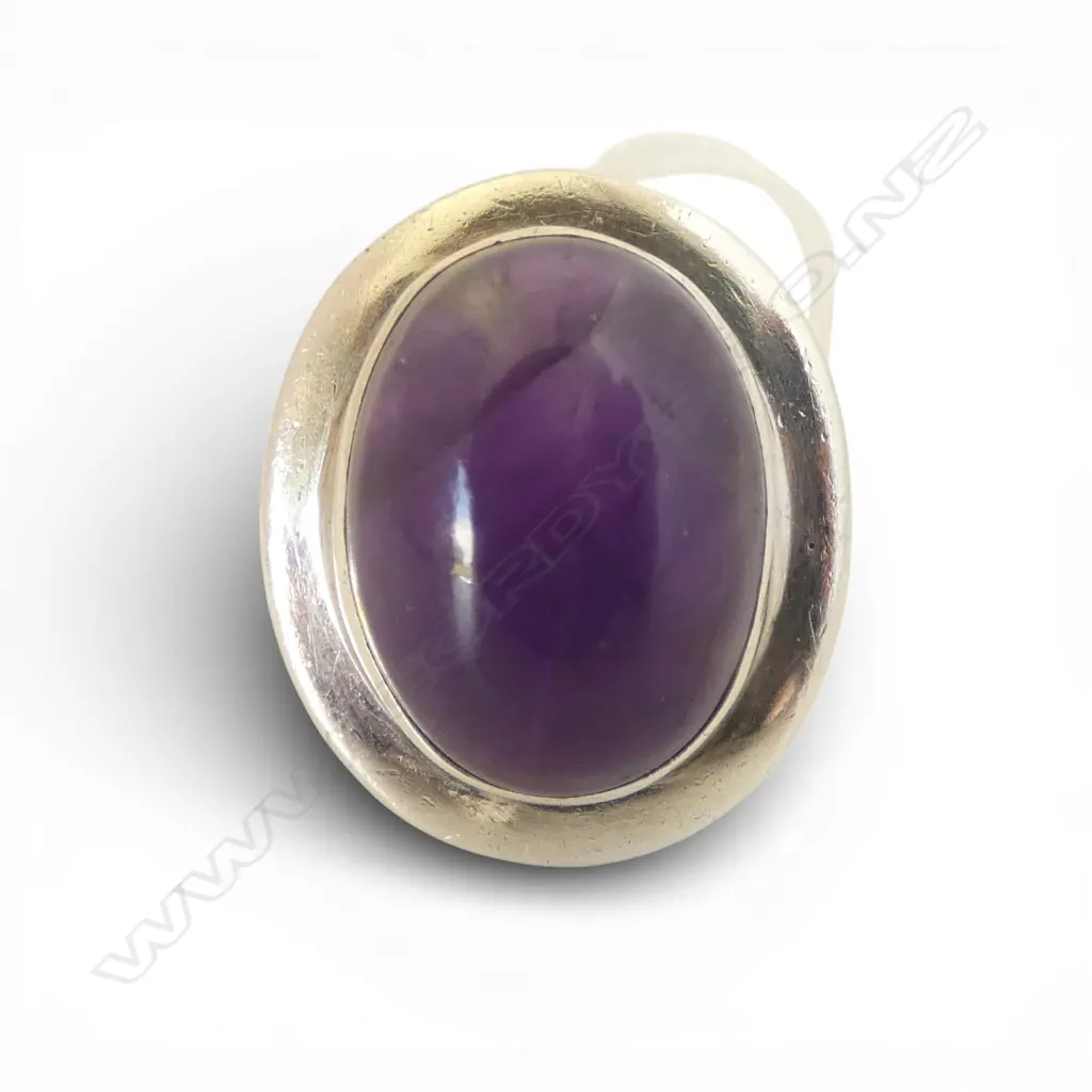 Modern chunky designer Stg silver & lge cabochon amethyst ring plain wide flat border SIZE N Image 1++