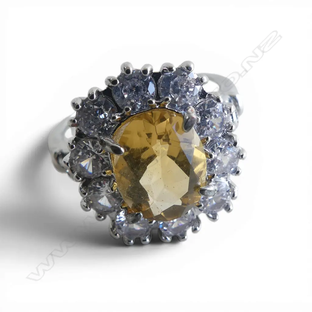 CITRINE & CZ SILVER PLATE DRESS RING, AIG CERT SIZE Q Image 1++
