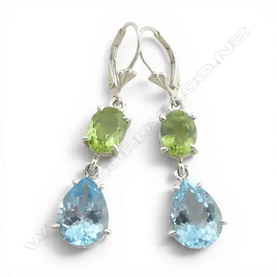 PR SILVER PERIDOT & SWISS BLUE TOPAZ EARRINGS, continental locks