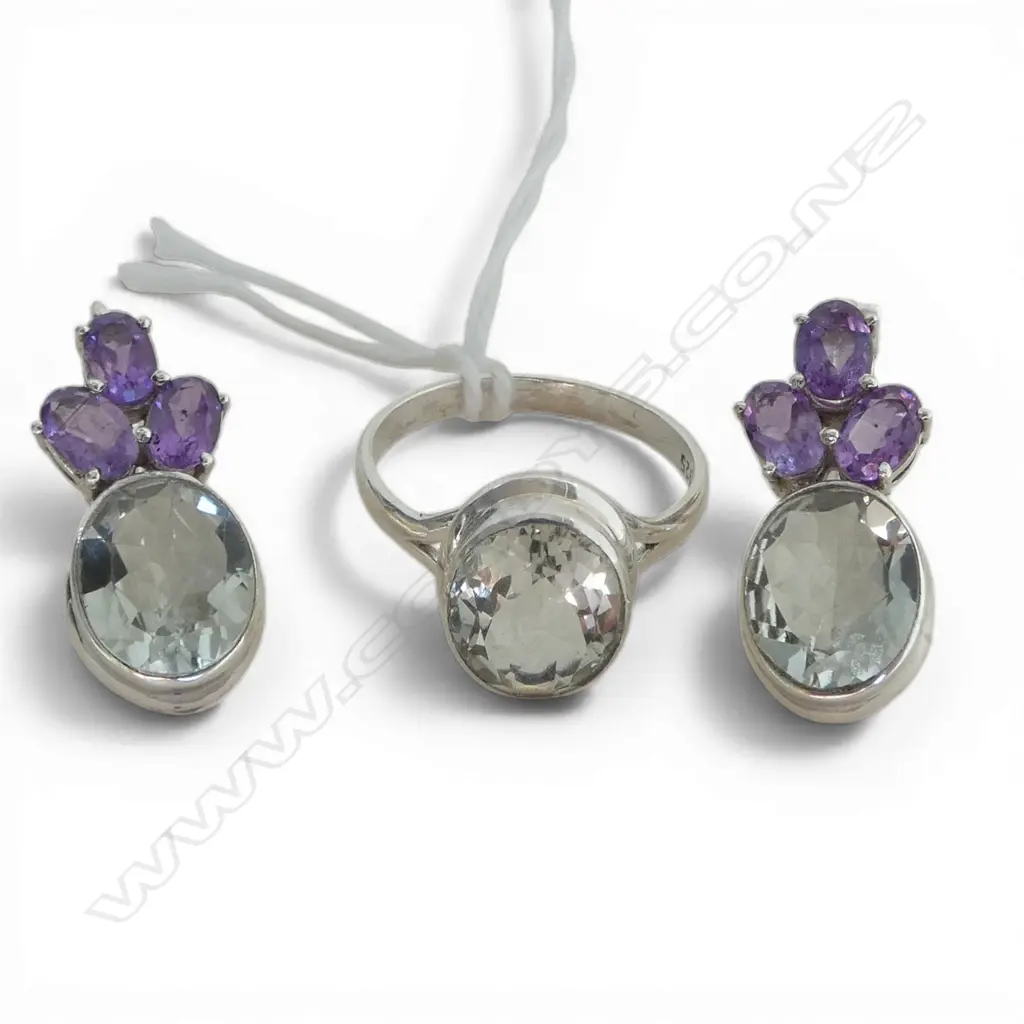 PR AMETHYST & PRASIOLITE EARRINGS & MATCHING RING SIZE Q Image 1++