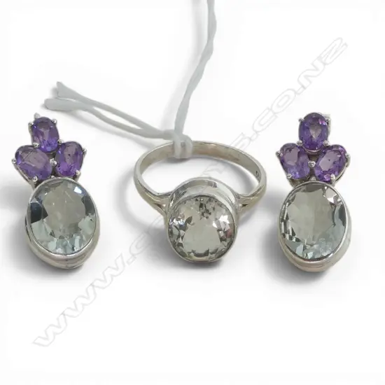 PR AMETHYST & PRASIOLITE EARRINGS & MATCHING RING SIZE Q