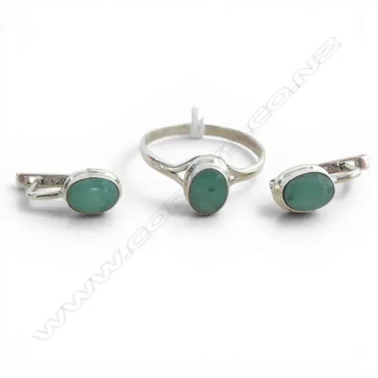 PR SILVER EMERALD EARRINGS & MATCHING RING SIZE R