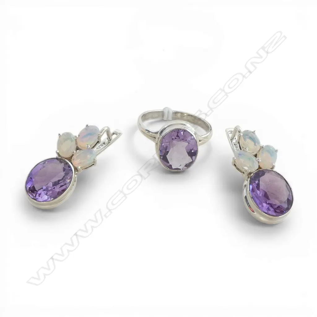PR SILVER OPAL & AMETHYST EARRINGS & MATCHING AMETHYST RING SIZE Q Image 1++
