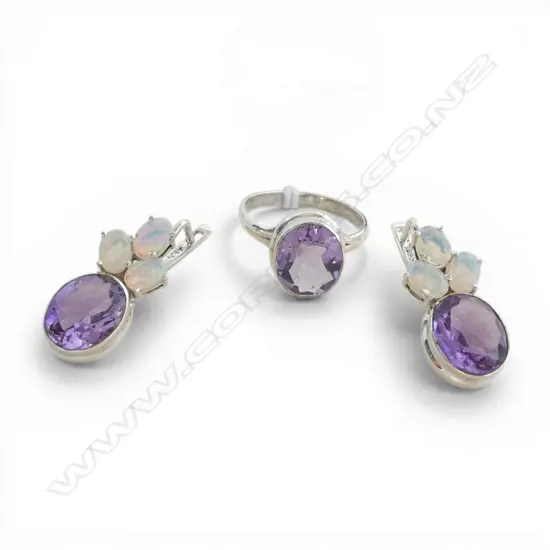 PR SILVER OPAL & AMETHYST EARRINGS & MATCHING AMETHYST RING SIZE Q