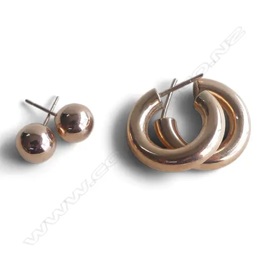 2 PAIRS 9ct ROSE GOLD EARRINGS: pr hoops + pr balls. No keepers. 4.7gms
