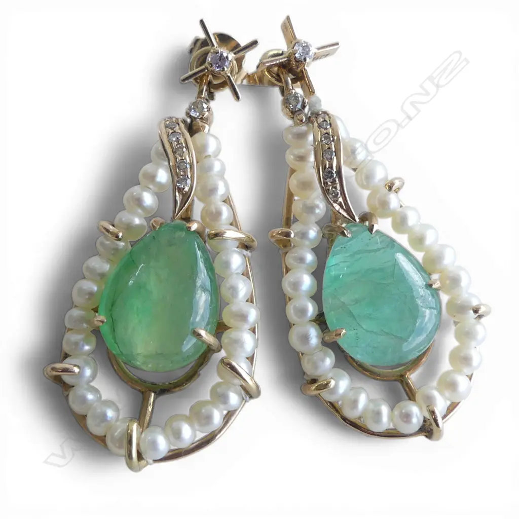 PR 18ct DIAMOND, EMERALD & BASRA PEARL EARRINGS, detatchable diamond studs Image 1++