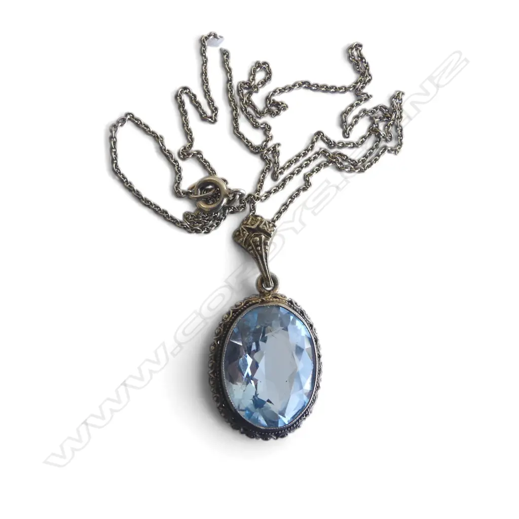 VINTAGE .830 SILVER GILT BLUE STONE PENDANT ON CHAIN in non-original W. Littlejohn & Son leather box Image 1++