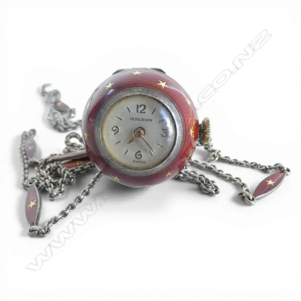 VINTAGE HUGUENIN SWISS SILVER & ENAMEL BALL PENDANT WATCH on ENAMELLED SILVER CHAIN Image 1++