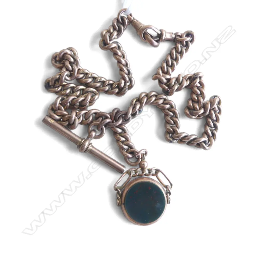 c1900 9ct ROSE GOLD CURB LINK ALBERT CHAIN w T-bar + 9ct spinner w 2 clips. 28.2gms Image 1++