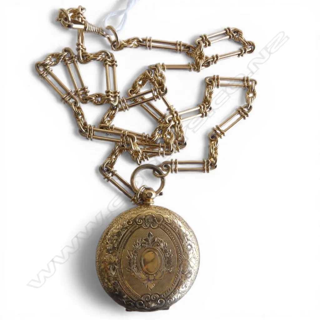 9ct YELLOW GOLD CHAIN L.620mm 32gms + 18ct GOLD HUNTER WATCH CASE no movement dust cover 'metal' 16.6gms Image 1++