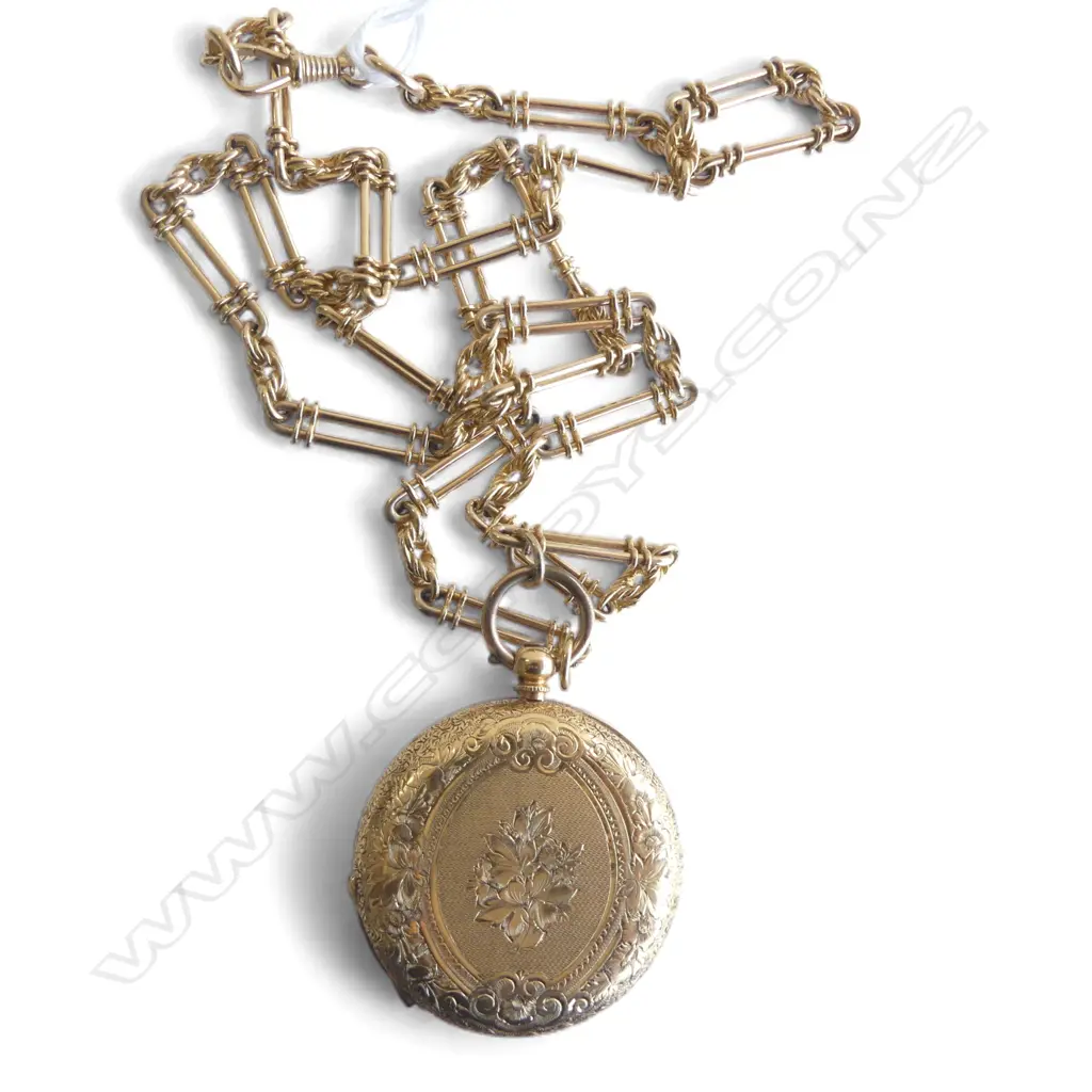 9ct YELLOW GOLD CHAIN L.620mm 32gms + 18ct GOLD HUNTER WATCH CASE no movement dust cover 'metal' 16.6gms Image 1++