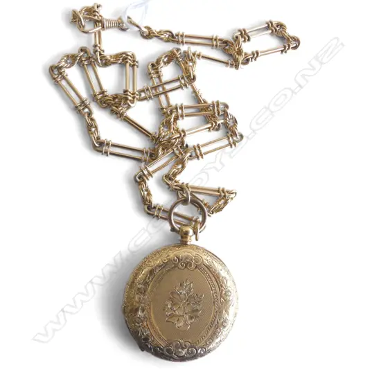 9ct YELLOW GOLD CHAIN L.620mm 32gms + 18ct GOLD HUNTER WATCH CASE no movement dust cover 'metal' 16.6gms