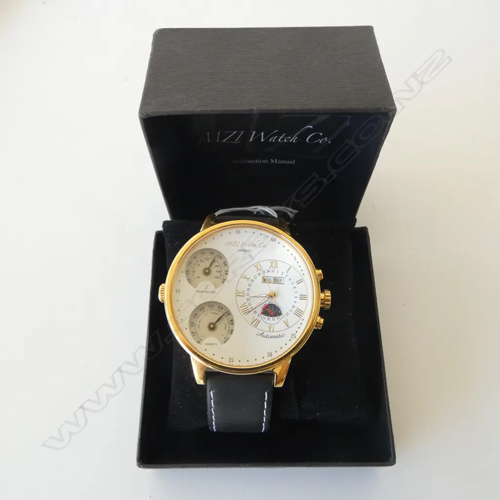 MZI WATCH COMPANY AUTOMATIC WRISTWATCH temperature and humidity indicators, box w. manual & int. warranty Image 1++
